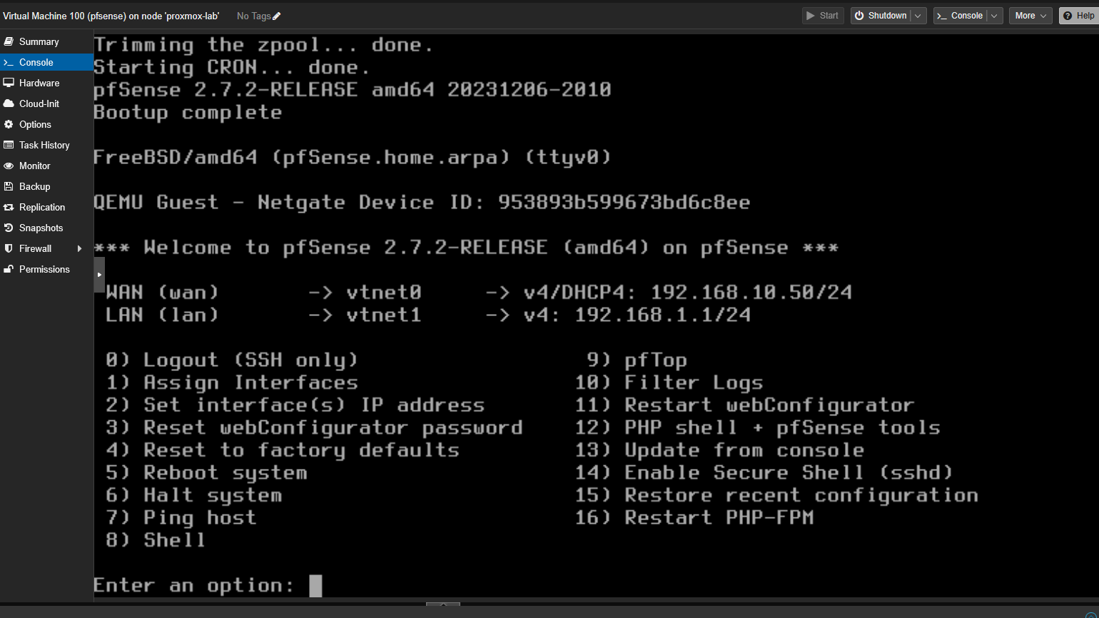 pfSense console menu