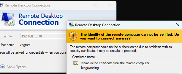 RDP connection showing kingslanding hostname
