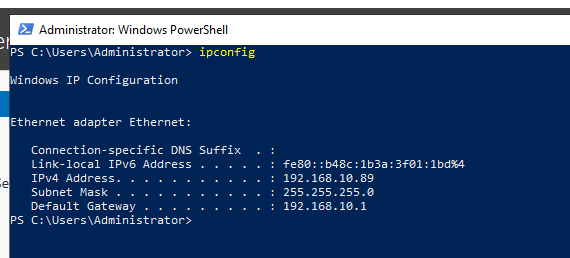 Windows ipconfig showing the assigned IP